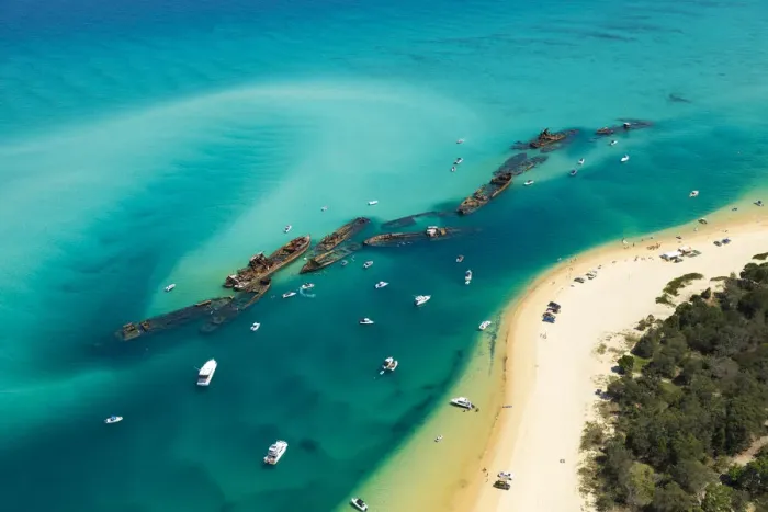 Framed Print : Flying High over the Tangalooma Wrecks Queensland
