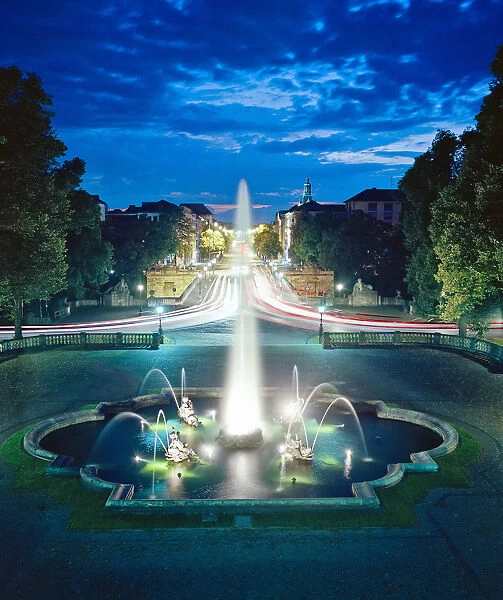Fountain with Prinzregenten Street Munich at dawn