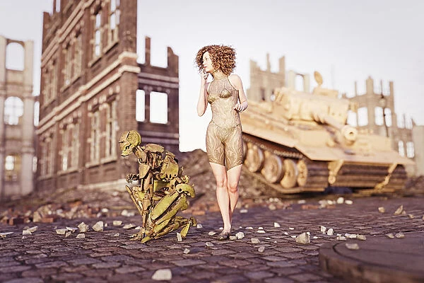 Futuristic girl with robot in ruined city with tank