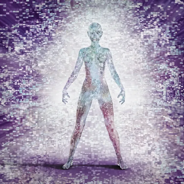 Framed Print : Futuristic woman glowing with pixels