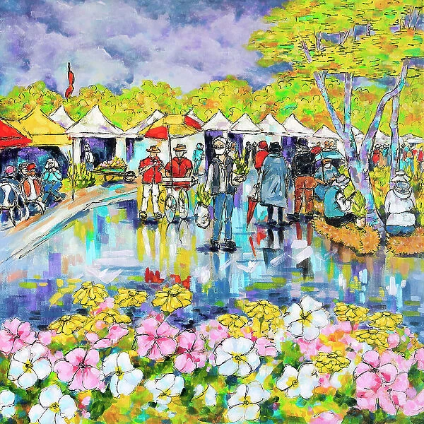 Garden Lovers Market on a Rainy Day, Original Painting