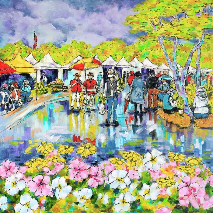 Framed Print : Garden Lovers Market on a Rainy Day, Original Painting