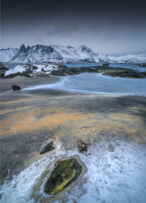 Framed Print : Gimsoya and coastline, Lofoten, Arctic circle of Norway Framed Print : Gimsoya and coastline, Lofoten, Arctic circle of Norway