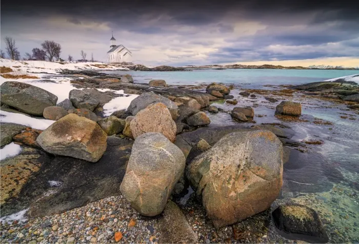 Framed Print : Gimsoya and coastline, Lofoten, Arctic circle of Norway