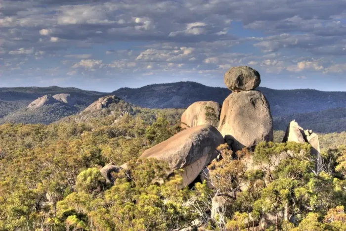 Framed Print : Girraween. Sphinx is granite pinnacle bearing large balancing tor Framed Print : Girraween. Sphinx is granite pinnacle bearing large balancing tor