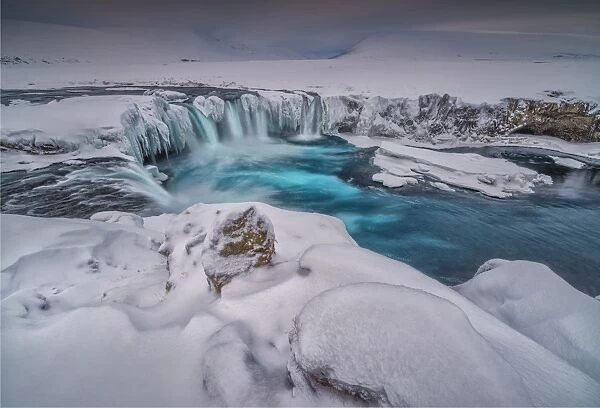 Godafoss waterfall in winter at Ljosa, north central Iceland