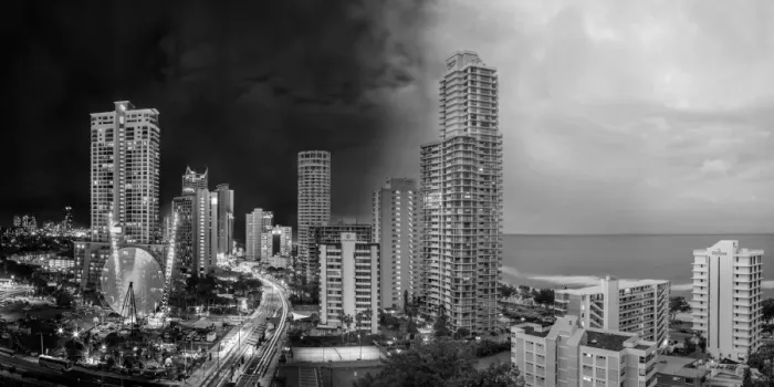Framed Print : Gold Coast skyline night and day in black and white Framed Print : Gold Coast skyline night and day in black and white