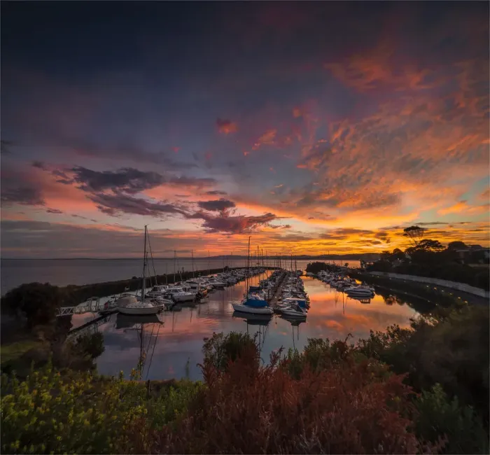 Framed Print : A golden dawn of fiery colours in the late summer, at Newhaven Yacht club marina, Phillip Island Bass Coast, Victoria, Australia
