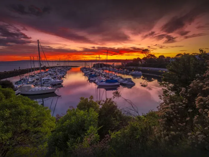 Framed Print : A golden dawn of fiery colours in the late summer, at Newhaven Yacht club marina, Phillip Island Bass Coast, Victoria, Australia Framed Print : A golden dawn of fiery colours in the late summer, at Newhaven Yacht club marina, Phillip Island Bass Coast, Victoria, Australia