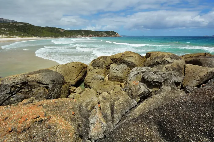 Framed Print : Granite Boulders and Sea Bay Framed Print : Granite Boulders and Sea Bay