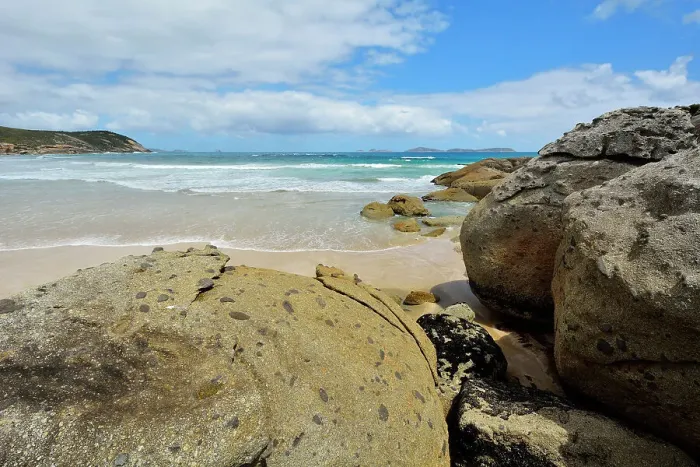 Framed Print : Granite Boulders and Sea Bay Framed Print : Granite Boulders and Sea Bay
