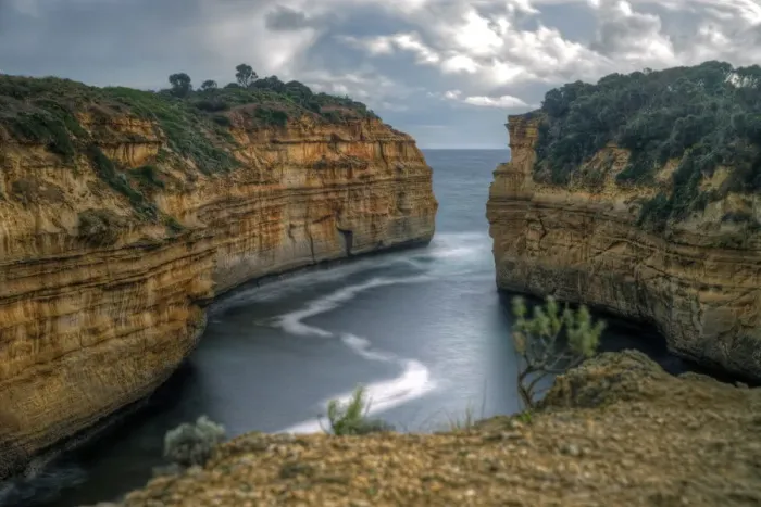 Framed Print : Great Ocean Road limestone cliffs and narrow bay Framed Print : Great Ocean Road limestone cliffs and narrow bay