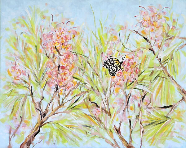 Grevillea Flowers and a Caper White Butterfly Acrylic Painting