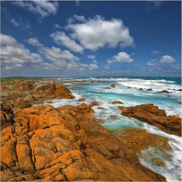 Framed Print : Half moon bay on the West coastline of King Island, has large rock-pools and magnificent red coloured lichen boulders of pink granite. Bass Strait, Tasmania Framed Print : Half moon bay on the West coastline of King Island, has large rock-pools and magnificent red coloured lichen boulders of pink granite. Bass Strait, Tasmania