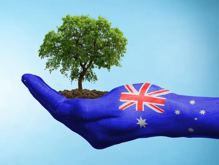 Framed Print : Hand with flag of Australia holding a tree Framed Print : Hand with flag of Australia holding a tree
