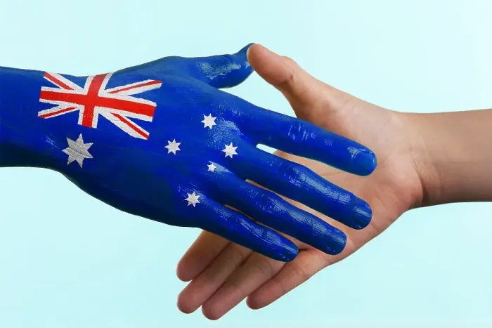 Framed Print : Hand painted flag of Australia doing a handshake Framed Print : Hand painted flag of Australia doing a handshake