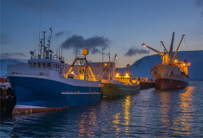 Framed Print : The harbour and ships loading and unloading goods, Grundarfjordur, northwest Iceland