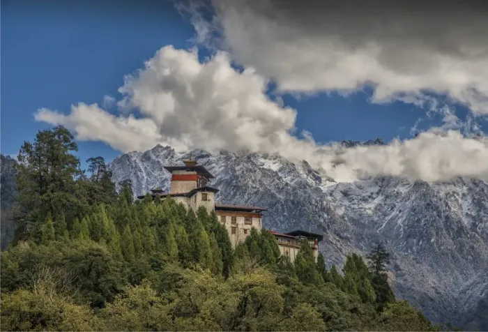 Framed Print : High up in the mountainous region of Jigme Dorji National park is Gasa Dzong, in Northern Bhutan