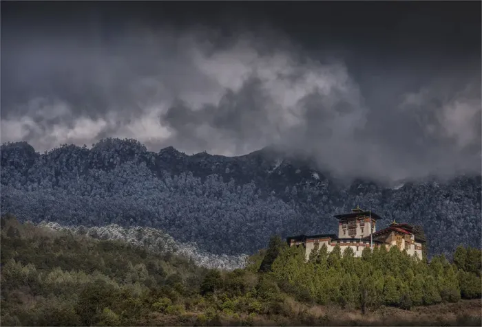 Framed Print : High up in the mountainous region of Jigme Dorji National park is Gasa Dzong, in Northern Bhutan