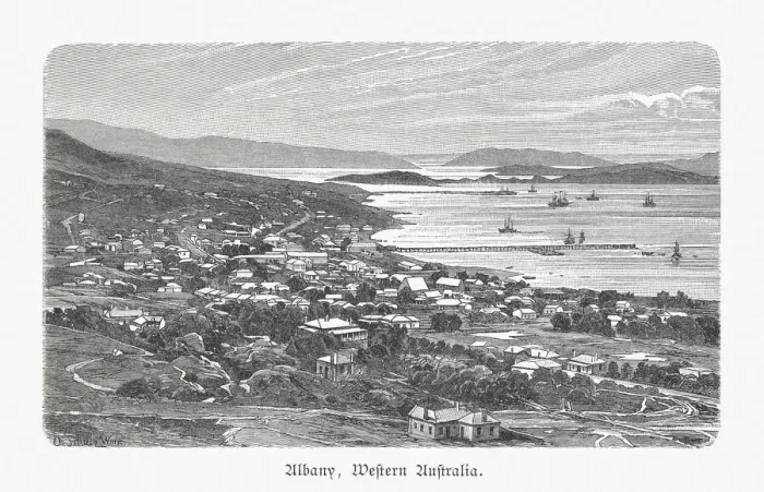 Framed Print : Historical view of Albany, Western Australia, wood engraving, published 1897 Framed Print : Historical view of Albany, Western Australia, wood engraving, published 1897