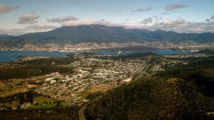 Framed Print : Hobart and surroundings from an airplane