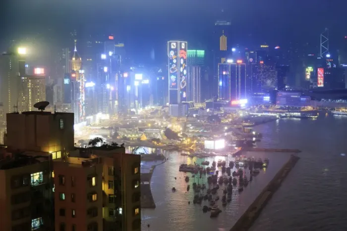 Framed Print : Hong Kong and Victoria harbor aerial view on a foggy night Framed Print : Hong Kong and Victoria harbor aerial view on a foggy night