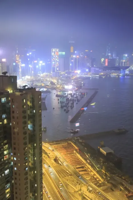 Framed Print : Hong Kong and Victoria harbor aerial view on a foggy night Framed Print : Hong Kong and Victoria harbor aerial view on a foggy night