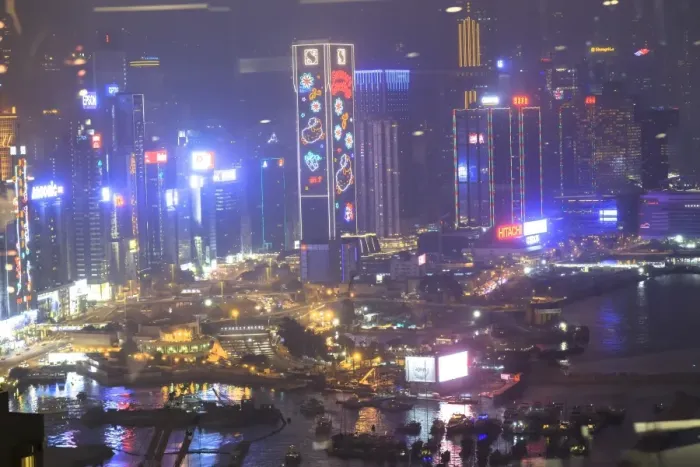 Framed Print : Hong Kong and Victoria harbor aerial view on a foggy night