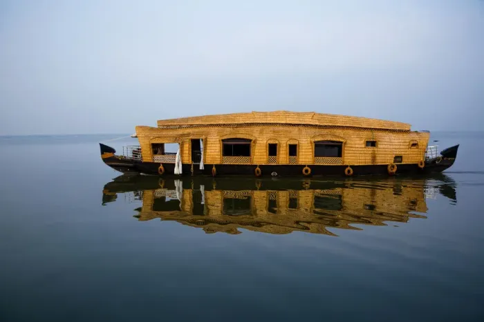 Framed Print : Houseboat Crusing By on Vembanadu Lake in the Misty Morning, Kumarakom, Kottayam, Kerala Backwaters, India
