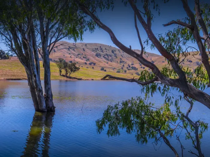 Framed Print : Hume lake in summer, bursting to capacity after spring rains, in the Upper Murray region