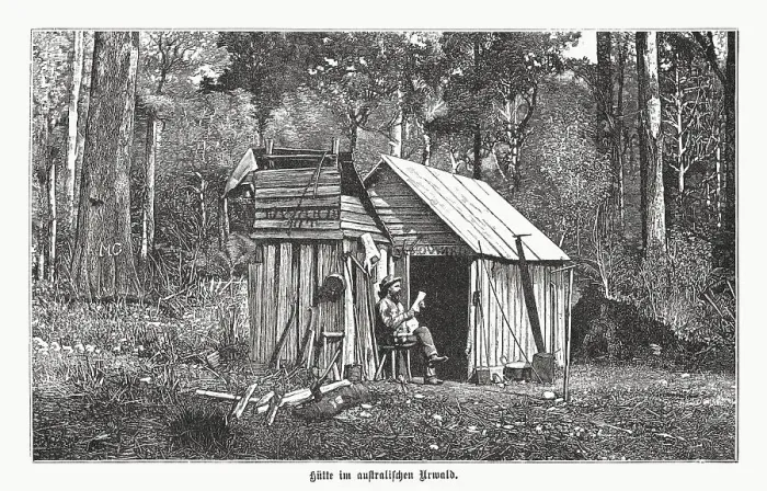 Framed Print : Hut in the Australian primeval forest, wood engraving, published 1899 Framed Print : Hut in the Australian primeval forest, wood engraving, published 1899