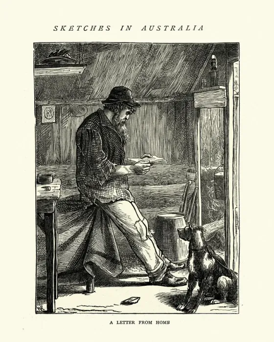 Framed Print : Immigrant to Australia, reading letter from home, 19th Century Framed Print : Immigrant to Australia, reading letter from home, 19th Century