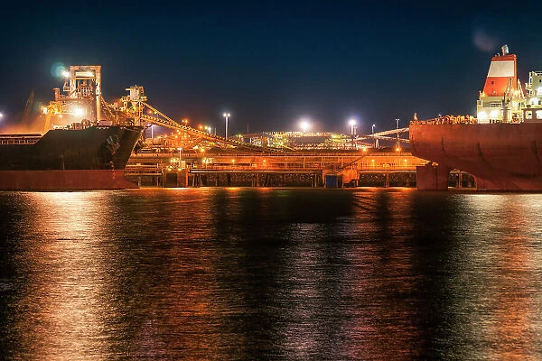 Iron Ore Ships And Loading Machinery At Night, Port Hedland, Australia