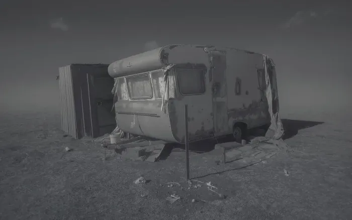 Framed Print : Isolated old and abandoned camper isolated in a field with fog and bones Framed Print : Isolated old and abandoned camper isolated in a field with fog and bones