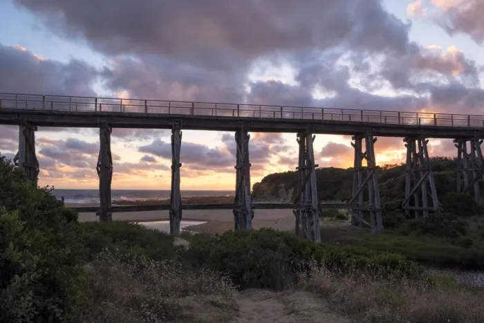 Framed Print : Kilcunda Railway Trestle Bridge at Sunset