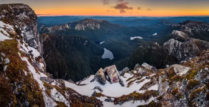 Framed Print : Lake Cecily, Lake Gertrude, Lake Magdalen and Lake Millicent in Franklin-Gordon Wild Rivers National Park, Tasmania. View from the top of Frenchmans Cap