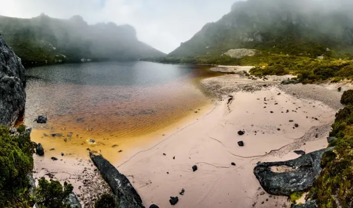 Framed Print : Lake Cygnus in Western Arthurs Range, Southwest Tasmania
