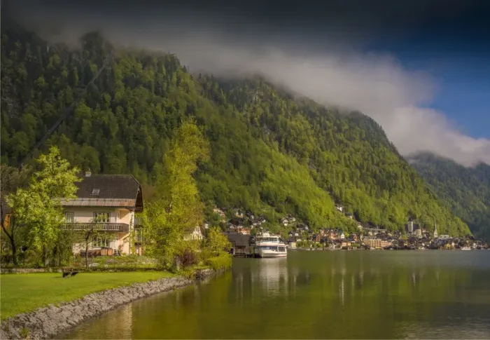 Framed Print : Lake Hallstatt and views of the beautiful historic village, in the mountainous region of Salzkammergut, Austria