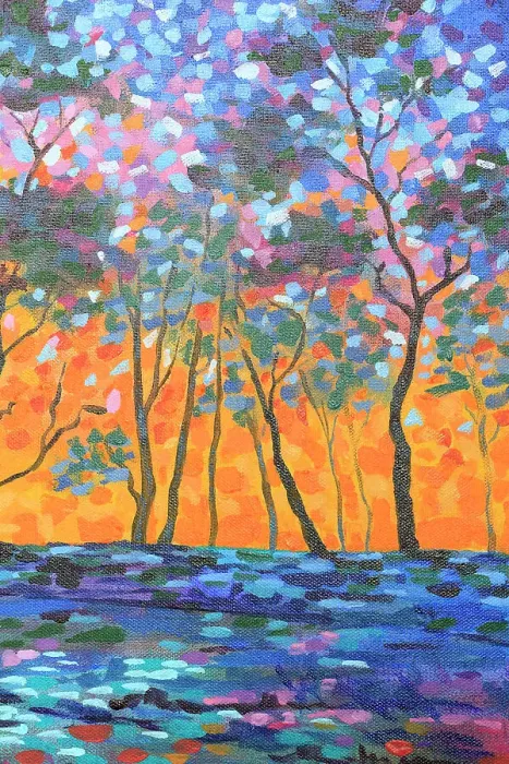 Framed Print : Landscape of Sun Setting through Silhouetted Trees Original Acrylic Painting Framed Print : Landscape of Sun Setting through Silhouetted Trees Original Acrylic Painting