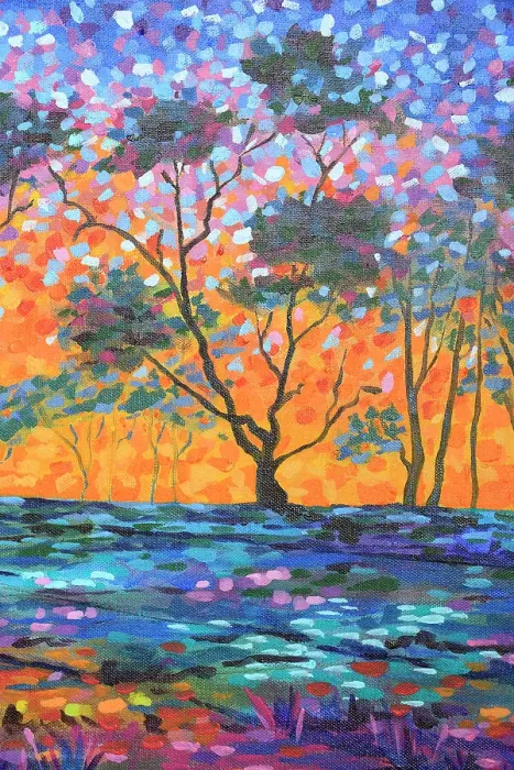 Framed Print : Landscape of Sun Setting through Silhouetted Trees Original Acrylic Painting