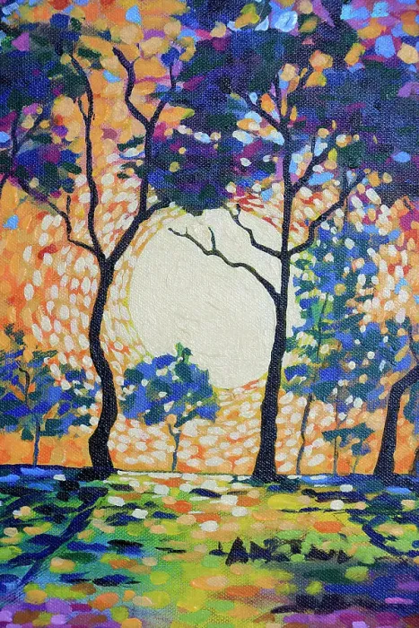 Framed Print : Landscape of Sun Setting through Silhouetted Trees Original Acrylic Painting Framed Print : Landscape of Sun Setting through Silhouetted Trees Original Acrylic Painting