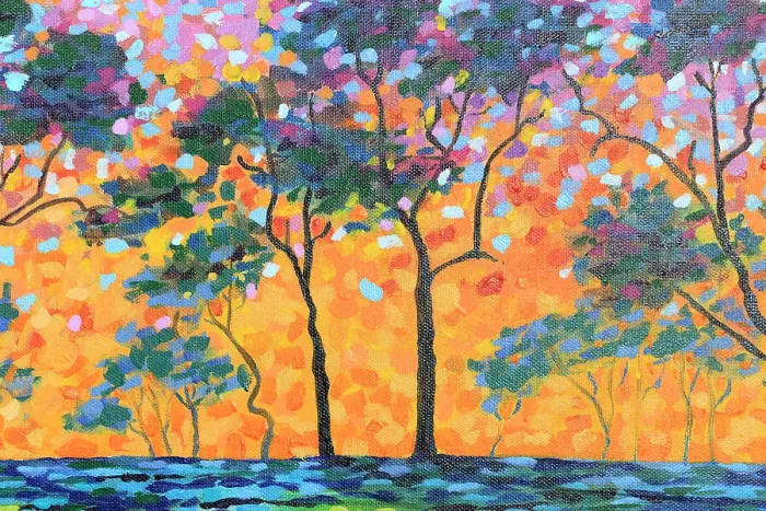 Framed Print : Landscape of Sun Setting through Silhouetted Trees Original Acrylic Painting Framed Print : Landscape of Sun Setting through Silhouetted Trees Original Acrylic Painting