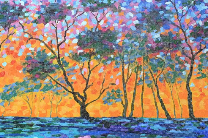 Framed Print : Landscape of Sun Setting through Silhouetted Trees Original Acrylic Painting Framed Print : Landscape of Sun Setting through Silhouetted Trees Original Acrylic Painting