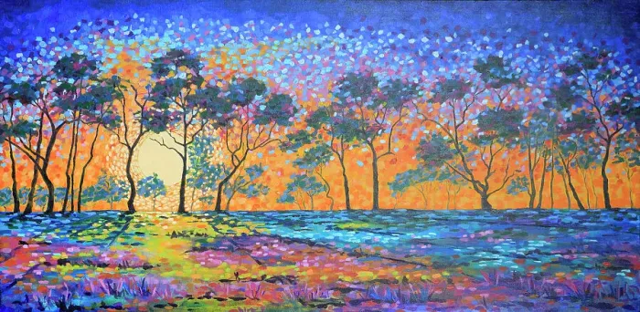 Framed Print : Landscape of Sun Setting through Silhouetted Trees Original Acrylic Painting