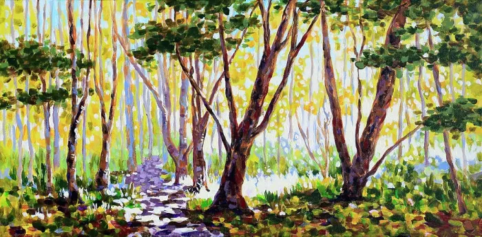 Framed Print : Late Afternoon Sunlight through Trees with Dappled Sunlight on Pathway Acrylic Painting Framed Print : Late Afternoon Sunlight through Trees with Dappled Sunlight on Pathway Acrylic Painting