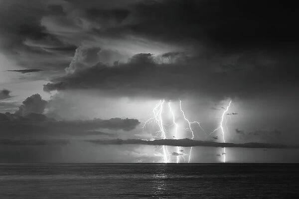 Lightning over the Timor Sea, converted to black and white