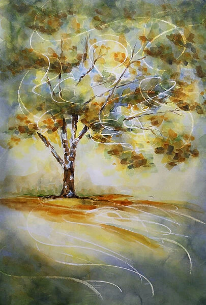 Liquid Amber Tree in Autumn Backlit by Morning Sunshine Watercolor Painting