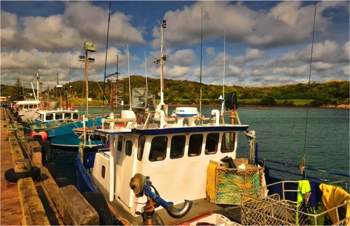 Framed Print : Lobster trawlers tied to the wharf inside Currie harbour, King Island Tasmania