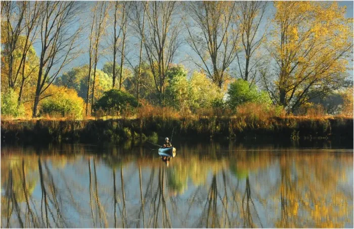 Framed Print : Lone fisherman with reflections of the Autumn, near Mount Beauty, in the high country of Victoria