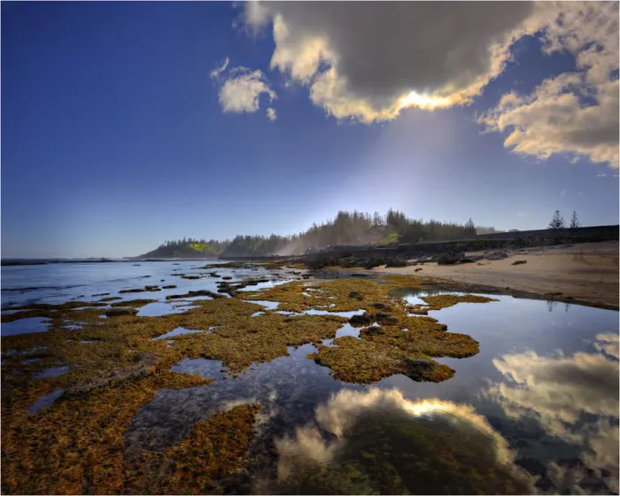 Framed Print : Low tide exposes the coral reef in Slaughter bay, at Kingston, Norfolk Island